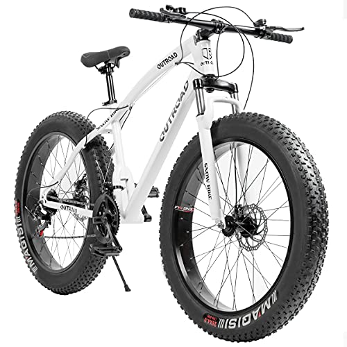 Max4out Fat Tire Mountain Bike 21 Speed, with High Carbon Steel Frame, Double Disc Brake and Front Suspension Anti-Slip Bikes with 26 inch Wheel, White
