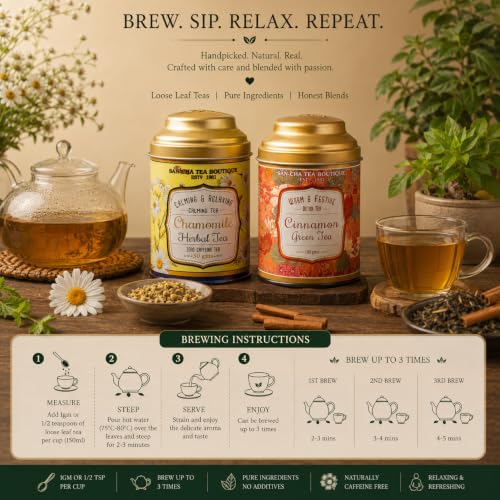 Image of Sancha Tea Boutique, Tea Combo Pack: Chamomile Herbal (50g) & Cinnamon Green (100g), Caffeine-Free Calming Tisane & Spiced Wellness Green Blend