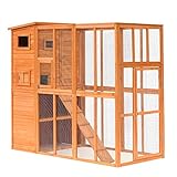 PawHut Large Wooden Outdoor Cat House with Large Run for Play, Catio for Lounging, and Condo Area for Sleeping, Natural