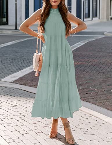 HAEOF Women's Summer Sleeveless Halter Midi Maxi Dress Casual Loose Fit Pleated Tiered Flowy Beach Vacation Long Sundress4