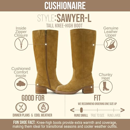 Image of CUSHIONAIRE Sawyer Genuine Leather Tall Chunky Heel Womens Boots - Pull On Casual Knee High Boots for Women