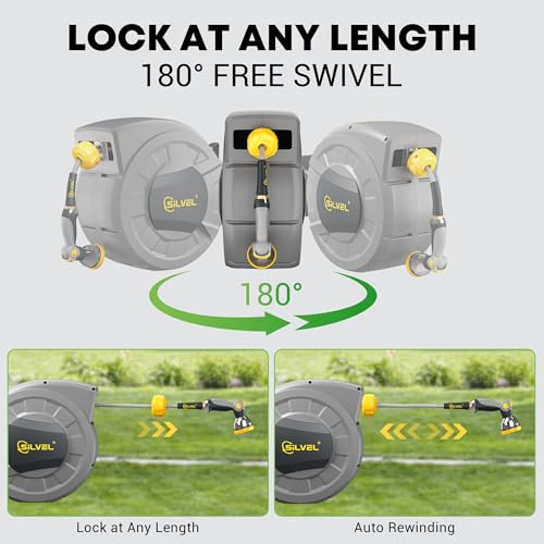 Image of SILVEL 1 /2 in x 110 FT Retractable Garden Hose Reel, UV Resistant Heavy Duty Automatic Hose Reel Wall Mount with 10 Pattern Nozzle, Any Length Lock & Slow Return System, 180Swivel Bracket, Yellow