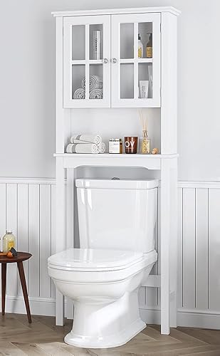 Spirich Bathroom Storage Cabinet Over Toilet, Over Toilet Storage Shelf Cabinet With Windowpane Glass Doors, Free Standing Space Saver Cabinet, White #TOP26