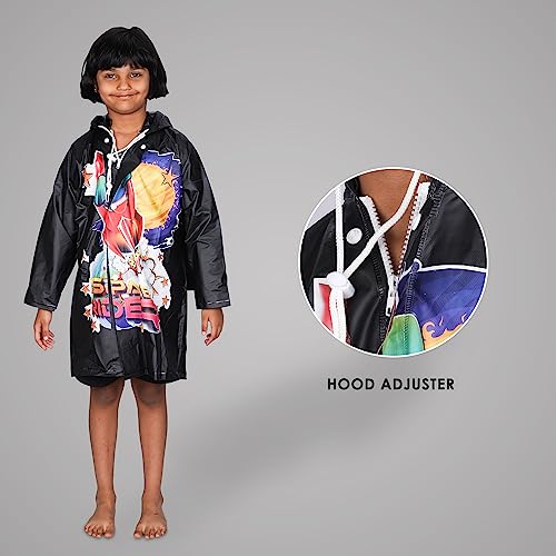 Image of THE CLOWNFISH Toon Caper Series Kids Waterproof PVC Longcoat with Adjustable Hood & Extra Space for Backpack /Schoolbag Holding. Printed Plastic Pouch. Kid Age-5-6 years (Jet Black)