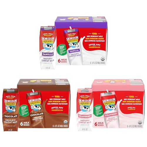 Horizon Organic Neapolitan Variety Bundle, Shelf Stable 1% Lowfat Vanilla, Chocolate, &amp; Strawberry Milk Boxes, USDA Certified Organic UHT Milk from Pasture-Raised Cows, No Refrigeration Required, 8 fl oz, 6 Count