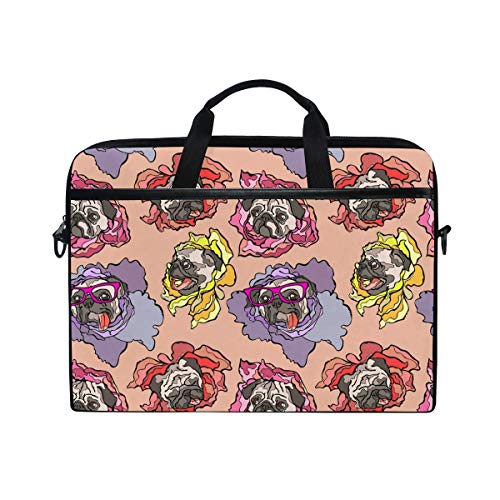 14 Zoll Laptoptasche Hund Mops Blume Canvas Stoff Laptop Tasche Bussiness Handtasche mit Schultergurt für Damen und Herren
