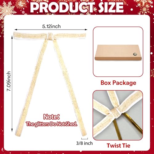 Image of 24 PCS Velvet Bows Christmas Ornaments Decorations, Sparkly Glittery Champagne Velvet Bows Ornaments for Christmas Tree, Unique Vintage Xmas Home Holiday Decor for Tree Mantle Wreath Gift Wrap