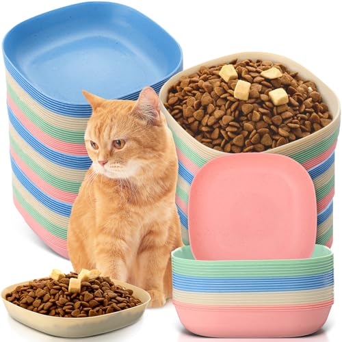Tioncy 24 Pcs Fatigue Relief Cat Bowl 5.7 Inch Shallow Cat Food Dish Wide and Small Pet Wet Feeding Bowl for Kitten Short Legged Kitten Ferrets Feral Small Animals(Blue, Green, Pink, Beige,Classic)