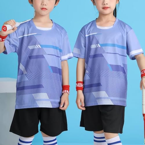 Hansber Kids Boys Girls Athletic Soccer Outfit Short Sleeve Contrast Color T-shirt with Loose Shorts Set Purple 9-10 Years4