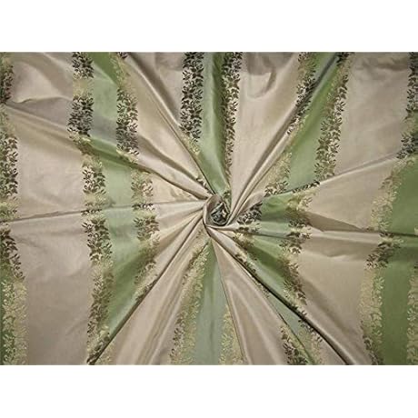 Puresilks - Mint Green x Ivory Horizontal Stripes ~with Jacquard Floral Design~ Silk Taffeta