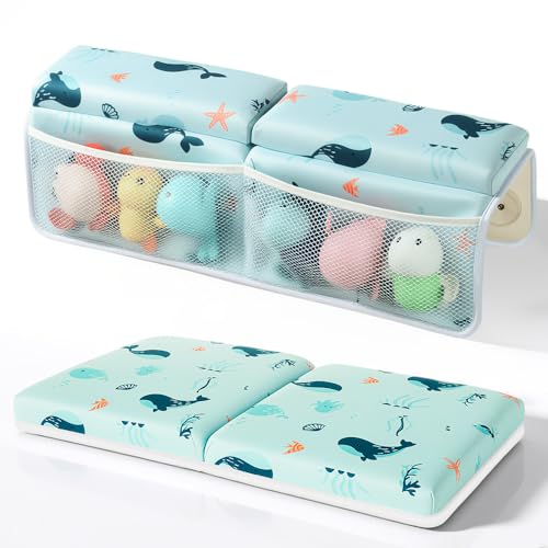 SKEFOLI Baby Bath Kneeler and Elbow Rest Pad Set,1.5' Thick Baby Bath Kneeler Pads with Toys Organizer, Pads to Support The Arm, Essentials, Ideal Kneeling Pad for Bathing（Blue）