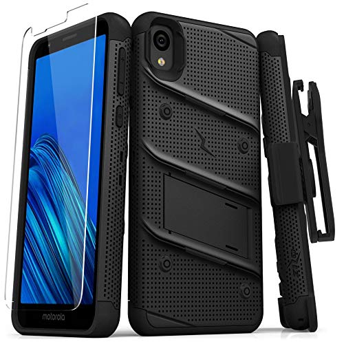 ZIZO Bolt Series Motorola Moto E6 Case | Heavy-Duty Military-Grade Drop Protection w/Kickstand Included Belt Clip Holster Tempered Glass Lanyard (Black/Black)