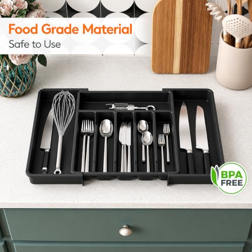Image of Large Silverware Drawer Organizer, Expandable Utensil Tray for Kitchen, BPA Free Flatware and Cutlery Holder, Adjustable Plastic Storage for Spoons Forks Knives (Black, 8 Drawer-Pack Of 1)