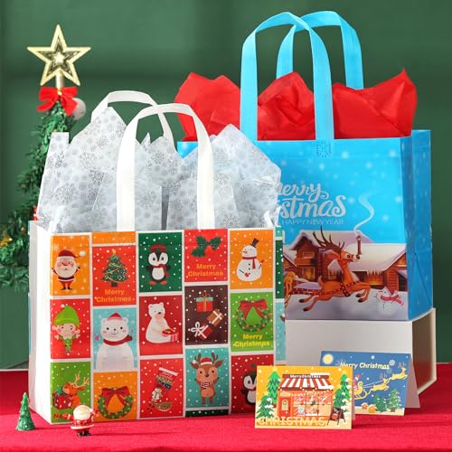 Image of JMANNI Gift Bags (6pc) - Christmas Bags with Tissue Paper & Cards, Non-Woven, Durable, Reusable, for Gifts Wrapping, Holiday Parties & Shopping