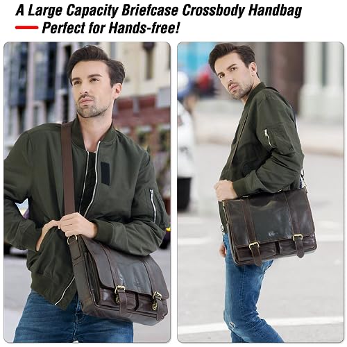Image of Top Grain Leather 14.2 inch Laptop Briefcase Crossbody Handbag, Vintage Design & Multi Pockets, Fits to MacBook Pro /Air 14 inch /13.3 inch /13.6 inch 2021 2022 M1 Pro /M1 Max & A4 /A5 Paper, Coffee 14.2 Inch
