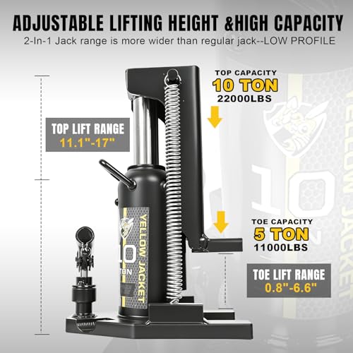 Image of YELLOW JACKET Toe Jack, 10 Ton Saddle /5 Ton Claw 2-in-1 Low Profile Lift Jack, Heavy Duty Hydraulic Claw Jack for Automotive, Machinery, Construction, Farm, Garage