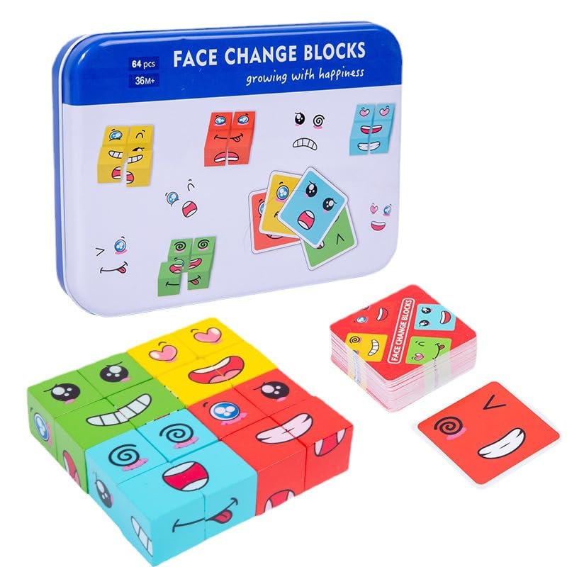 GUOYOU Montessori Interactief Emoji-blok, bouwkubus voor emoji, houten expressiepuzzel, houten kubus, creatieve gezichtsverandering, interactief Montessori-speelgoed voor kinderen vanaf 3 jaar