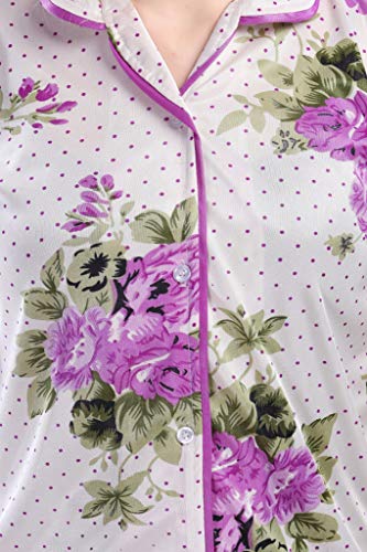 Image of Printed Night Suit for Women - Flower Print Satin Shirt and Pyjama Set (Front Open Collar Night Suit)