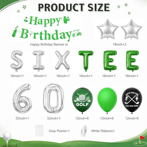 Image of 60th Golf Themed Birthday Decorations for Men 60th Party Decorations | Golf Print Balloons 60 Number Balloons Happy Birthday Banner SIX-TEE Banner 60 Foil Balloons