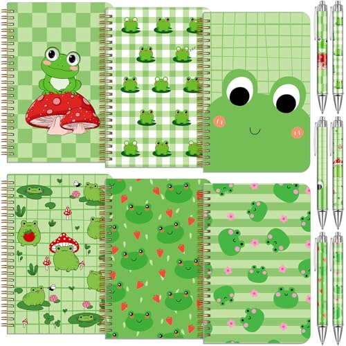 Image of Resurhang 6 Pack A5 Frog Spiral Notebooks Preppy Journal Cute Aesthetic Hardcover Ruled Notebooks with Ballpoint Pens for Office School Day Classroom Prize Supplies, 5.5 x 8.3 Inch