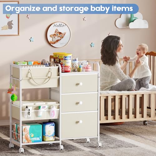 2In1 Baby Diaper Caddy Organizers and Storage, 3 Tier Rolling Cart with Dividers and Drawers, Mobile Utility Cart Baby Dresser Clothes Organizer for Changing Table, Crib Nursery, Bedroom - Image 4
