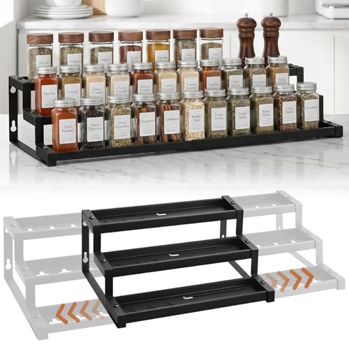 Expandable Spice Rack Organizer for Cabinet, 3-Tier Adjustable Spice Shelf 16″-29″, Seasoning Organizer for Cabinet, Pantry & Countertop, Storage Rack for Jars, Bottles & Cans