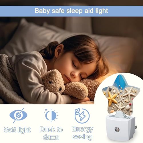Image of Coastal Seashell Starfish Night Lights Plug Into Wall,Blue Wooden Star Night Light for Kids,Nightlight with Dusk to Dawn Smart Sensor for Bedroom Bathroom Decor,Children Women Men Gift