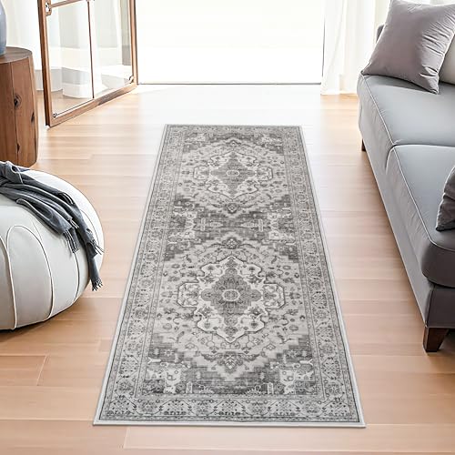 Living Room 2x5 Runner Rug - Boho Rugs for Living Room Stain Resistant Carpet Vintage Tribal Rugs for Bedroom Kitchen Bathroom with Non Slip Backing Home Decor Floor Decoration Mat 2x5 Grey/White