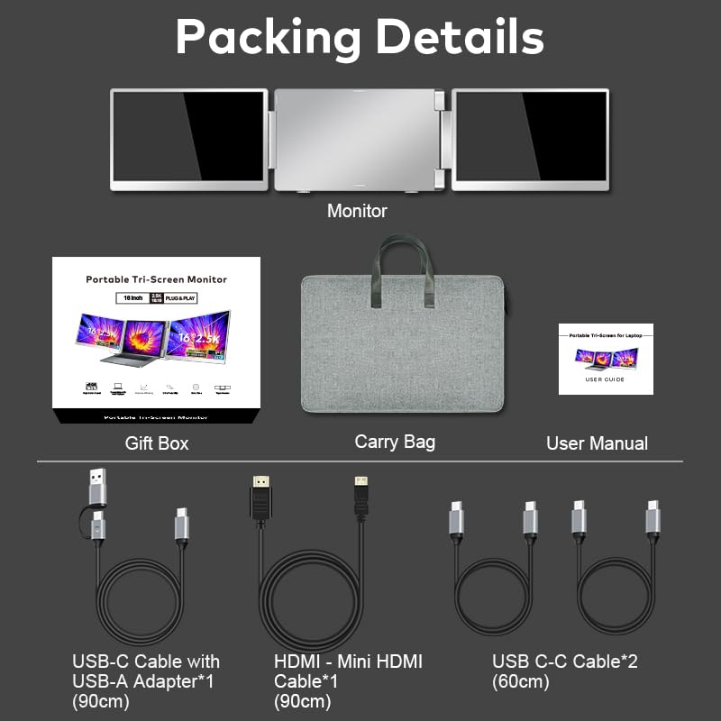 Image of 16 inch Laptop Screen Extender Triple Display - 2560x1600P QHD Portable Monitor, USB C Detachable Plug & Play Extender for 12 inch -17 inch Laptops - Compatible with Windows /Android /PS4 /MacBook