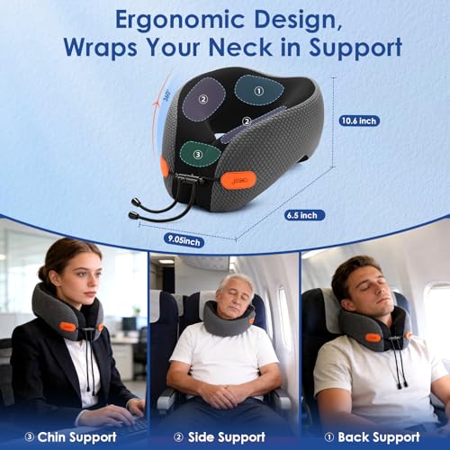 Image of jiaao Travel Pillow Memory Foam Neck Pillow for Airplanes with Adjustable Neck Support, Includes Eye Mask, Earplugs & Storage Bag - Perfect for Flights, Road Trips, and Trains