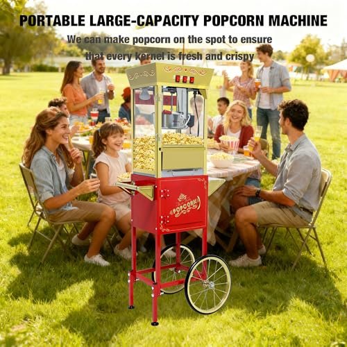 Image of 12 oz Popcorn Machine Cart - Commercial Vintage Popcorn Maker with Storage Stand, Stainless Steel Kettle & Tempered Glass, Ideal for Home Theater, Party Concessions and Carnival Events (Red)