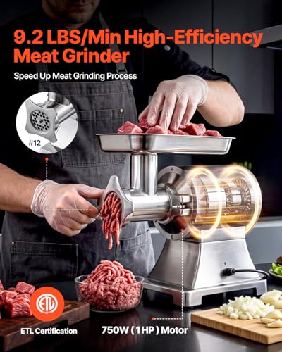 Image of VEVOR Meat Grinder, 552 LB /H Capacity, #12 Electric Meat Mincer with 2 Plates, 3 Sausage Stuffing Tubes & Kibbe Kit, 750W /1HP Sausage Maker for Home Kitchens & Restaurants, ETL Listed