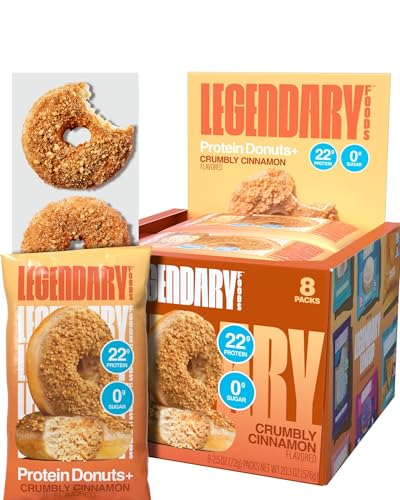 Legendary Foods Protein Donuts - 22g Protein, Crumbly Cinnamon, Zero Sugar Snack, Gluten Conscious, Low Carb, Keto Suitable, Diabetic and GLP-1 Diets - 8 Pack with Two Donuts per pack