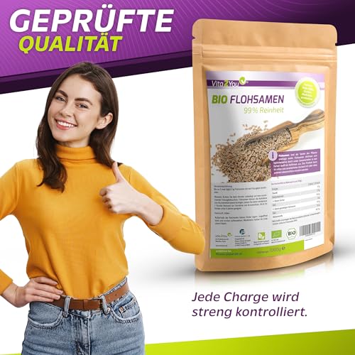 Vita2You BIO Flohsamen 99% Reinheit - 1000g Zippbeutel - Höchste Reinheit - 1kg indische Flohsamen - Premium Qualität