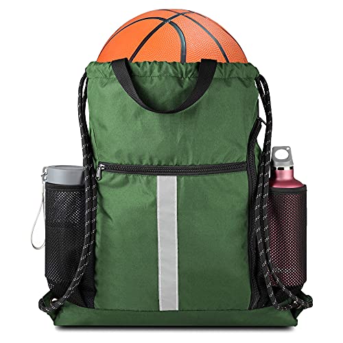 Image of BeeGreen Green Drawstring Bag Gym Cinch Backpack w Shoe Compartment and Two Side Pockets Machine Washable Sports Sinch Sack String Sackpack for Swim Equipment Beach Travel