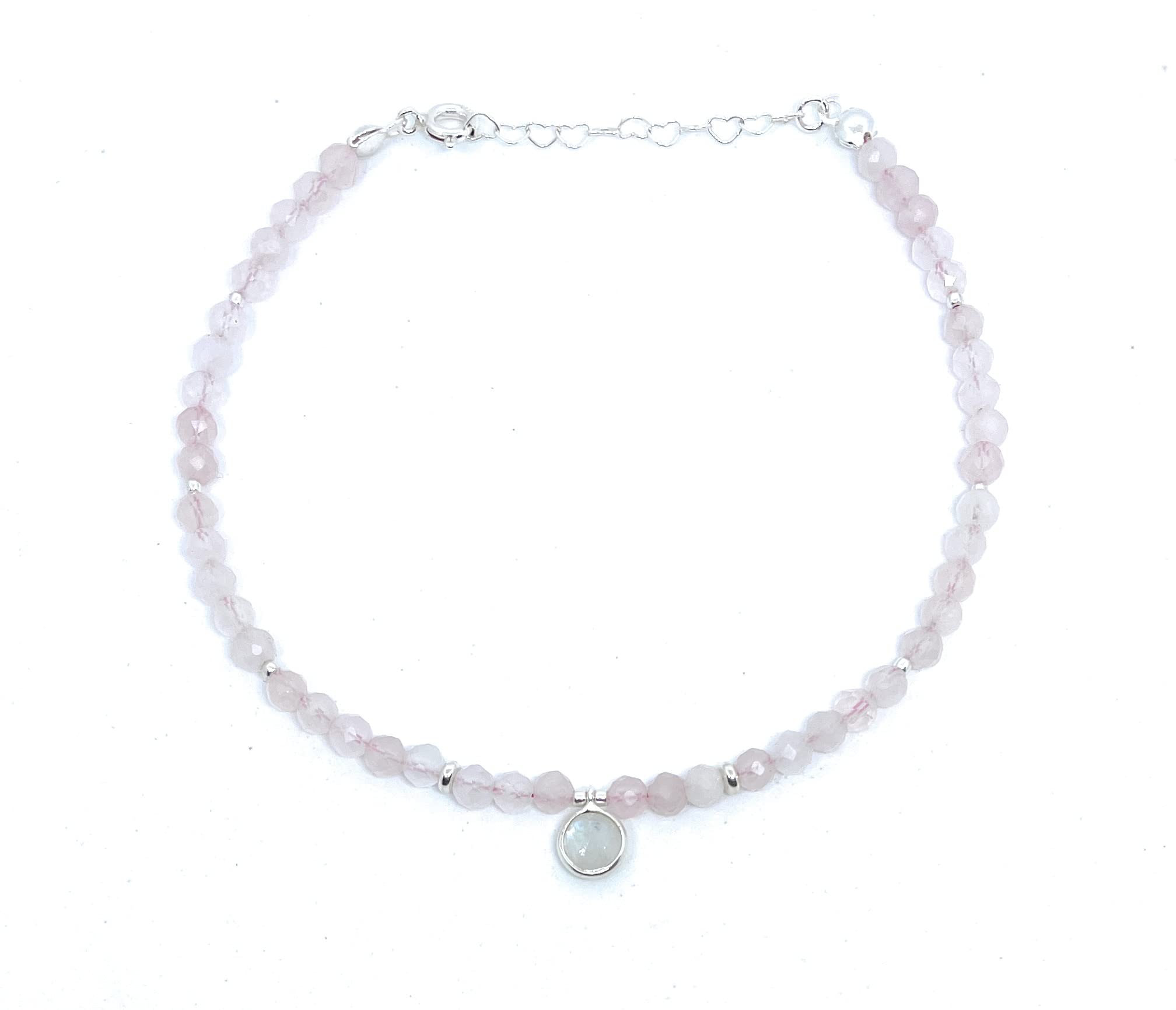 Tobillera de piedra natural cuarzo rosa dije de piedra luna plata de primera ley ajustable de 23mm a 26 mm