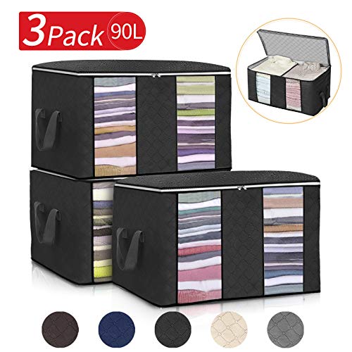 king do way 3PCS Bolsa de Almacenamiento de Ropa de Gran Capacidad con Asa Reforzada y Compartimiento, Organizador Plegable y Transpirable para el Armario con Ventana Clara 60x40x35cm Negro