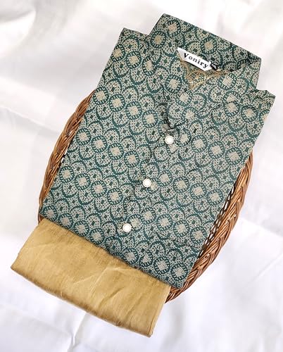 Image of Men Regular Full Sleeve Silk Cotton Kurta with Golden Pajama Set