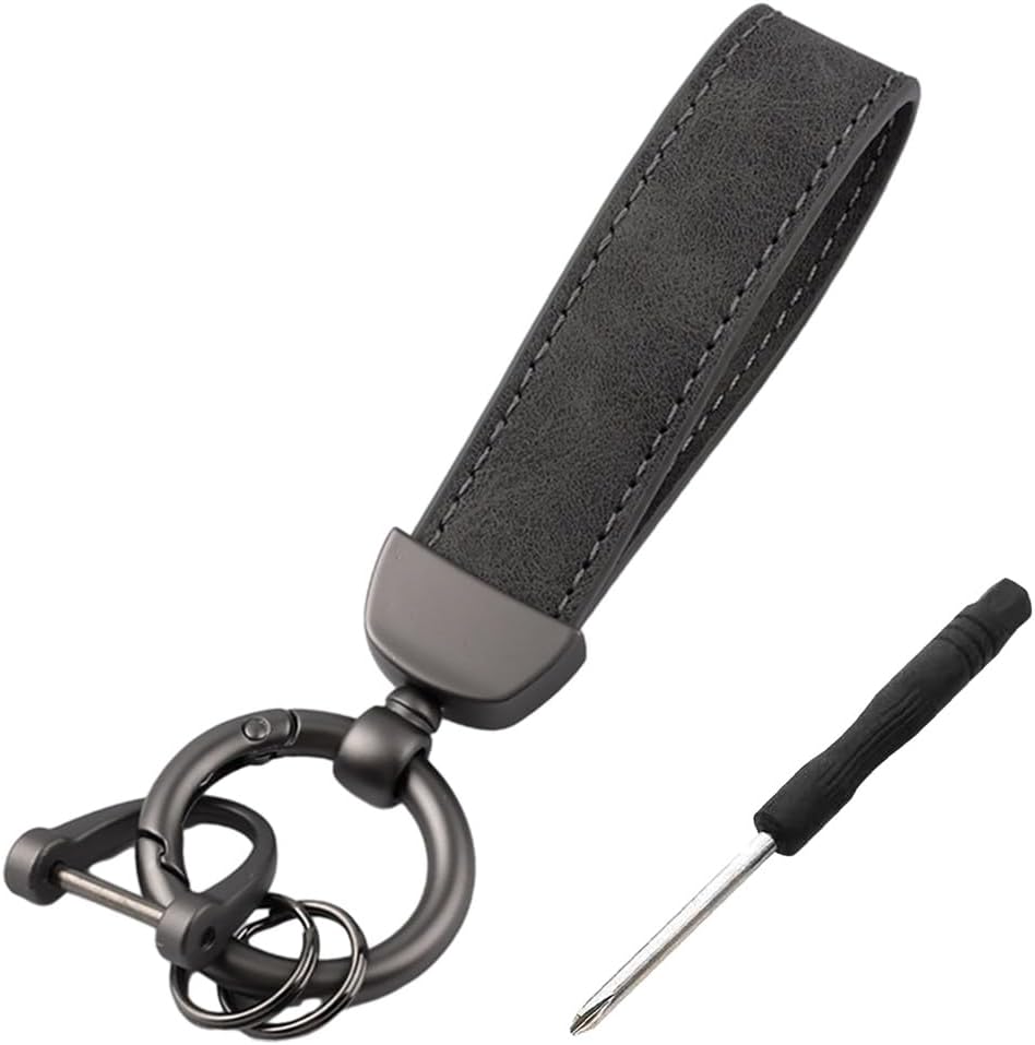 Kewucn Genuine Leather Car Keychain, Universal Heavy Duty Metal Auto Key Fob Holder with Anti Lost D-Ring for Men Women (Black-Gray)