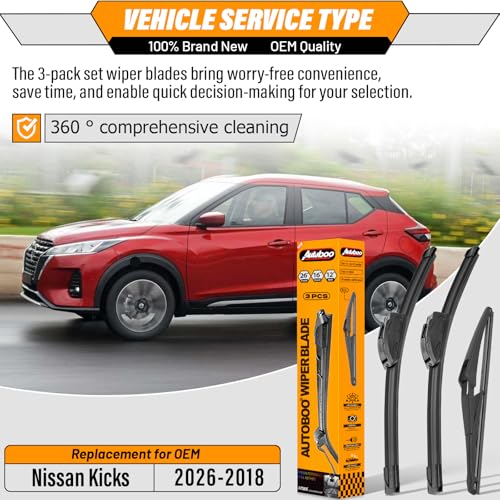 Image of OEM Windshield Wiper Blade Replacement for Nissan Kicks 2018 2019 2020 2021 2022 2023-2026 Original Equipment All-Season Rear Wiper Blade Set 26+16+12 (Set of 3)
