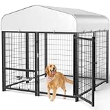 SINO LUBAN Outdoor Dog Kennel Outside with Removable Small Door&Bowls - 5x5x5FT Large Dog Kennels with Roof for Large Dogs Breed -Heavy Duty Run Cage Enclosure Outside Yard (Can Connect Your Doghouse)