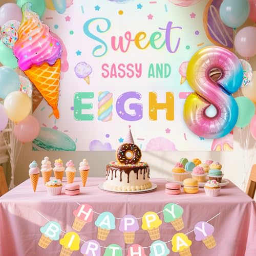 Image of Sweet Sassy and Eight 8th Birthday Decorations for Girls Ice Cream Balloon | 8 Year Old Birthday Decorations Girls Sweet Sassy and Eight Backdrop 8 Balloons Ice Cream Banner 8th Birthday Party Supplies