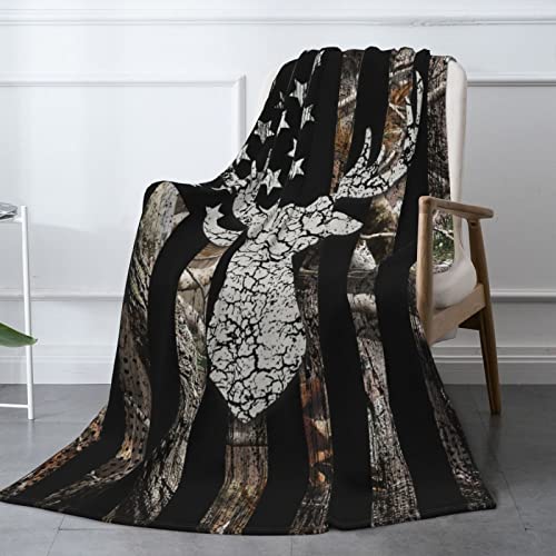 Uiacom Hunting Camo Deer Blanket American Flag With Deer Head Throw Blanket, Ultra-Soft Micro Fleece Blanket For Couch Or Bed Warm Throw Blanket, Hunting Gifts For Men,60"X50" #TOP2