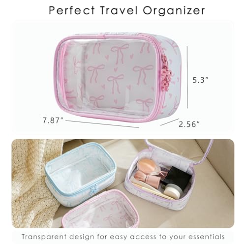 Cute Clear Makeup Bag with Bow Pattern,Transparent Nylon Travel Cosmetic Case with Zipper,Portable Makeup Organizer Pouch for Essentials(01Pink)3
