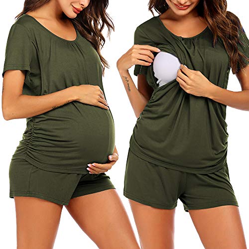 Image of Ekouaer Women's Maternity Nursing Pajamas Set Breastfeeding Sleepwear Double Layer Short Sleeve Top & Shorts Pregnancy PJS