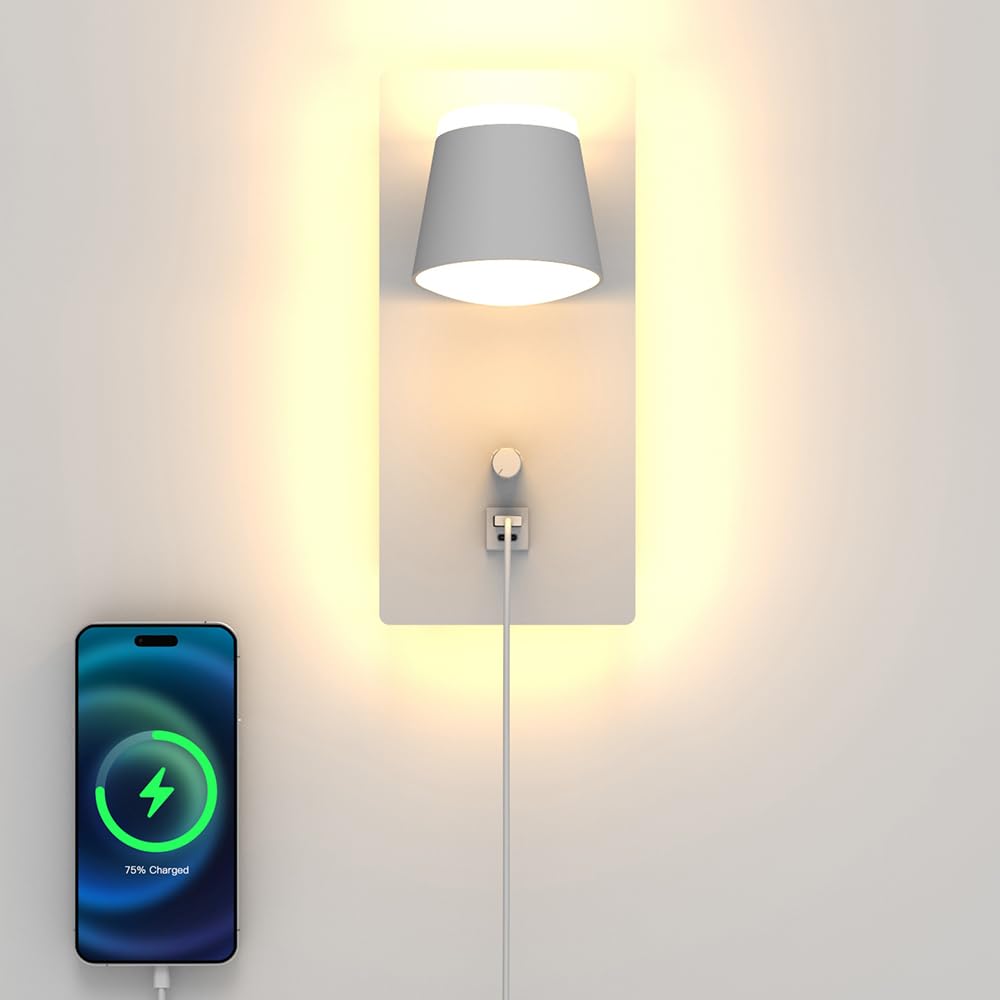Sytmhoe 2 Pièces Appliques Murales Blanche Avec Port Usb Type C, Art Deco Led Blanc Lampe Murale Avec Interrupteur, 16W 3000K Dimmable Rotatif Liseuse Luminaires De Chevet Pour Chambre Salon Hôtel