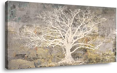 Abstract Tree Of Life Canvas Wall Art Grey White Beige Paintings Modern Abstract Forest Rustic Pictures Artwork for Living Room Bedroom Office large Framed Decoration 40x20 in