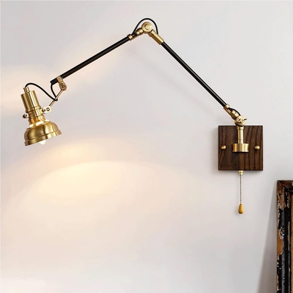 Holz Retro Wandleuchte Verstellbar Langer Arm mit Schalter, Messing Wandlampe Innen Schwenkarm Wand Leselampe, Flexible Drehbar Wandbeleuchtung Gold Rustikale Wohnzimmerlampe 30cm+30cm