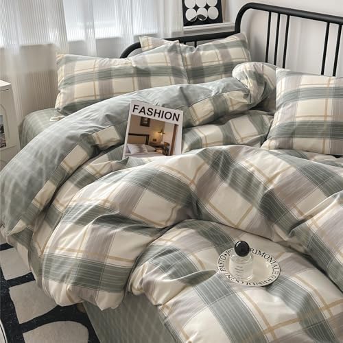 Image of VM VOUGEMARKET Plaid Bedding Set King 100% Cotton Green Grid Duvet Cover Set,Modern Men Boy's Comforter Cover with Zipper Closure-King