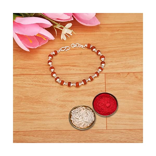 Njels™ 925 Hallmarked Handmade Dual Wire Silver Rudraksha Rakhi for Brother Silver Bracelet for Men with Extension Chain | Rakhi for Brother (6.5 MM Natural Beads) (Brown Colour) - Image 4